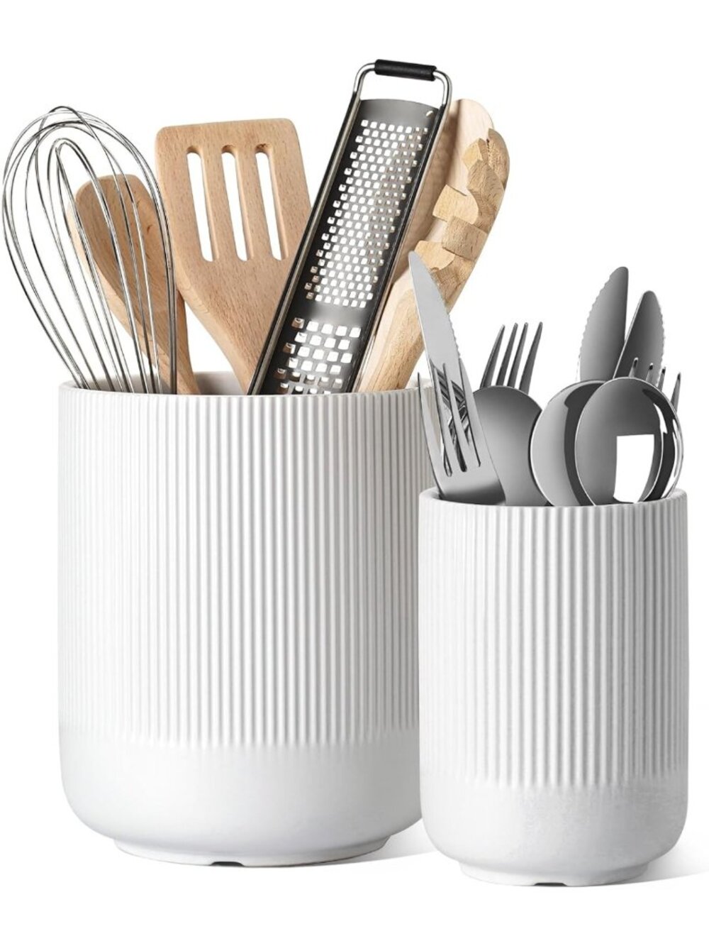 Stylish Ceramic Utensil Holder Set of 2 - Fluted Design for Kitchen Counter